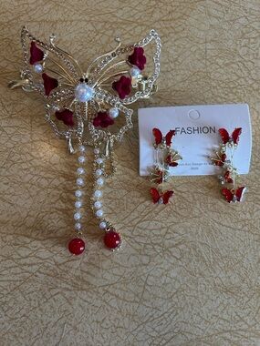Gold Butterfly and Matching Red Butterfly Earrings Set